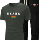 Men's Summer Casual Two-Piece Set, Men's Ghanian Print Short Sleeve T-Shirt with Comfortable Long Pants Fashion Outfit