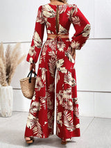 VCAY Tropical Print Tie Backless Lantern Sleeve Top & Wide Leg Pants
