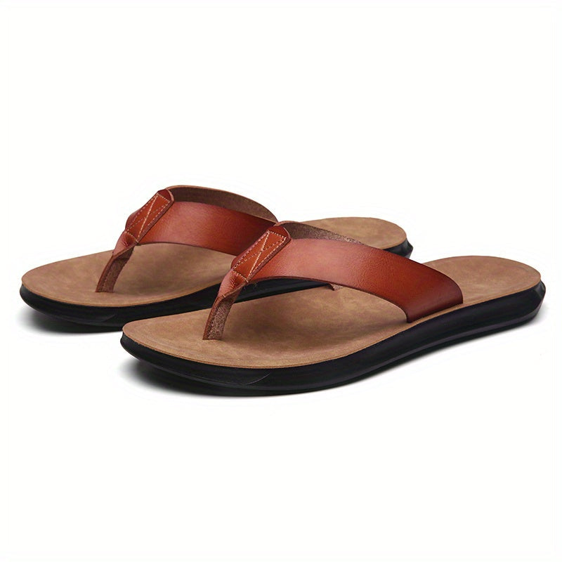 Men's Solid Thong Sandals With Microfiber Leather Uppers, Casual Non Slip Flip-flops Sandal