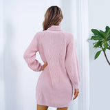 Women’s Winter Turtleneck Sweater Dress Long Sleeve Knitted Dress with Button Detail, Casual Slim Fit Warm Outfit