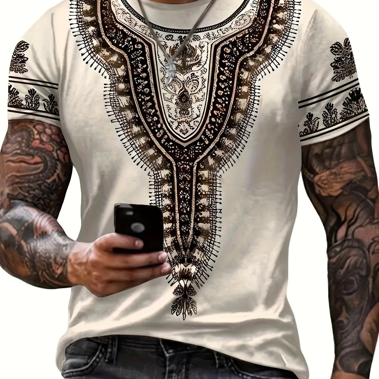 Men's Stylish Digital Print T-Shirt Short Sleeve Crew Neck with Intricate Floral Print Patterns