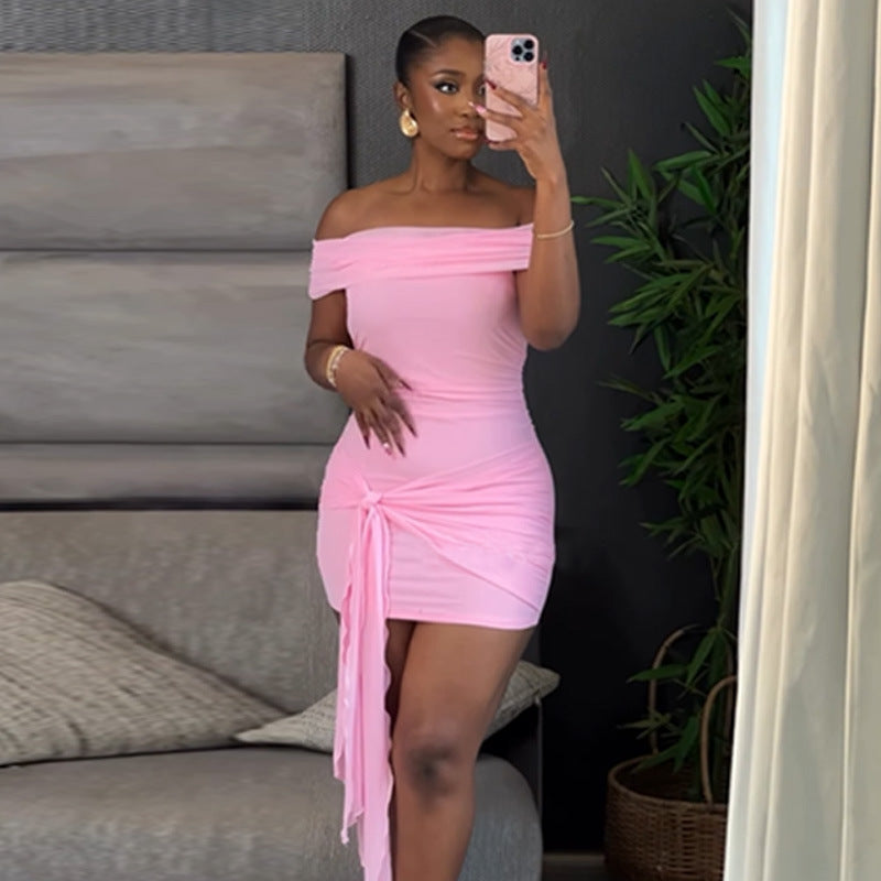 Mesh Patch Collar Solid Color Slim Fit Hip-wrapped Short Ribbon Dress