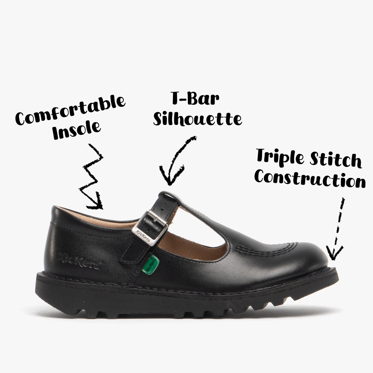 Kickers KICK Girls T-Bar Leather School Shoes Black