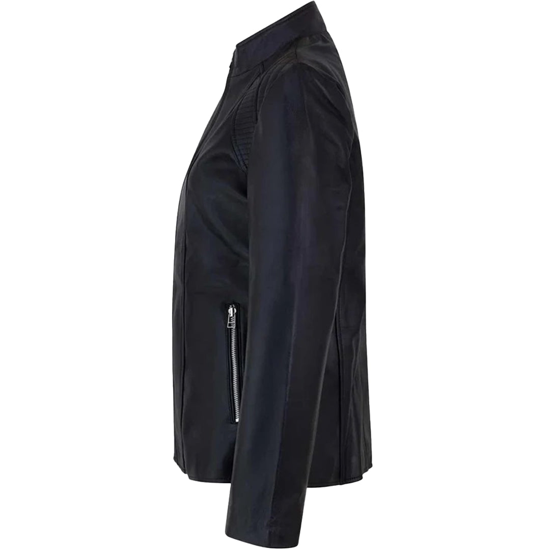 Women's Genuine Café Racer Sheepskin Motorcycle Leather Jacket, YKK Zipper | Black