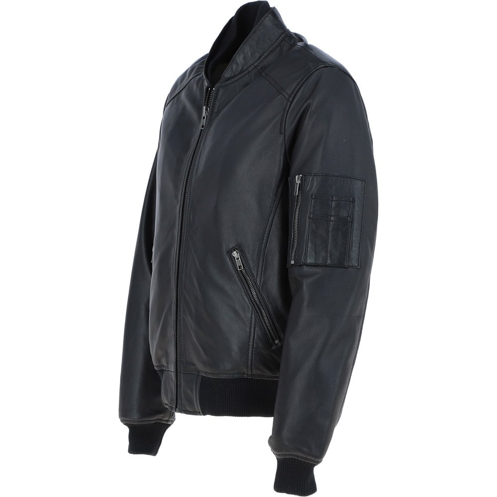 Men's Leather Bomber Jacket, Zip Front, Multiple Pockets | Black