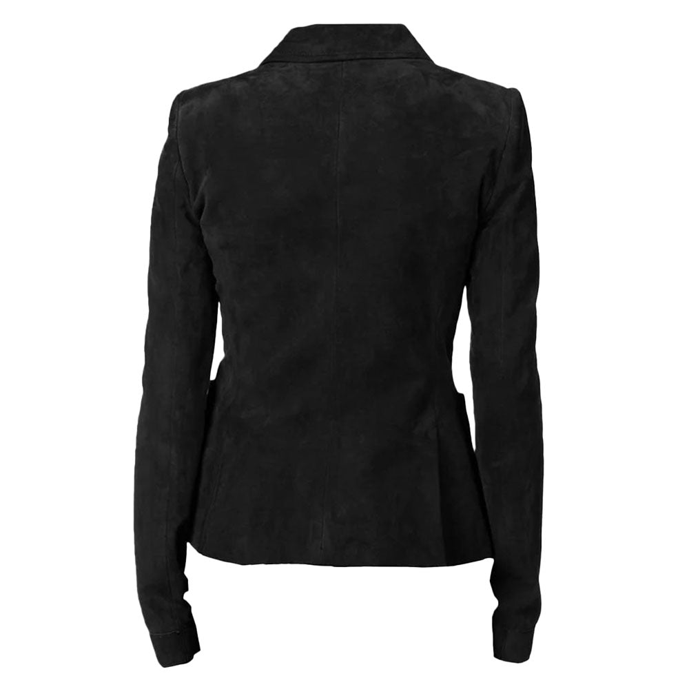 Women's Suede Leather Formal Business Double Breasted Jacket, Notched Lapel Collar | Black