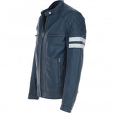 Men's Leather Motorcycle Jacket with Quilted Shoulder & White Stripes | Blue & Black