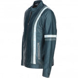 Men's Motorcycle Leather Jacket Gray & White Stripes | Blue & Black