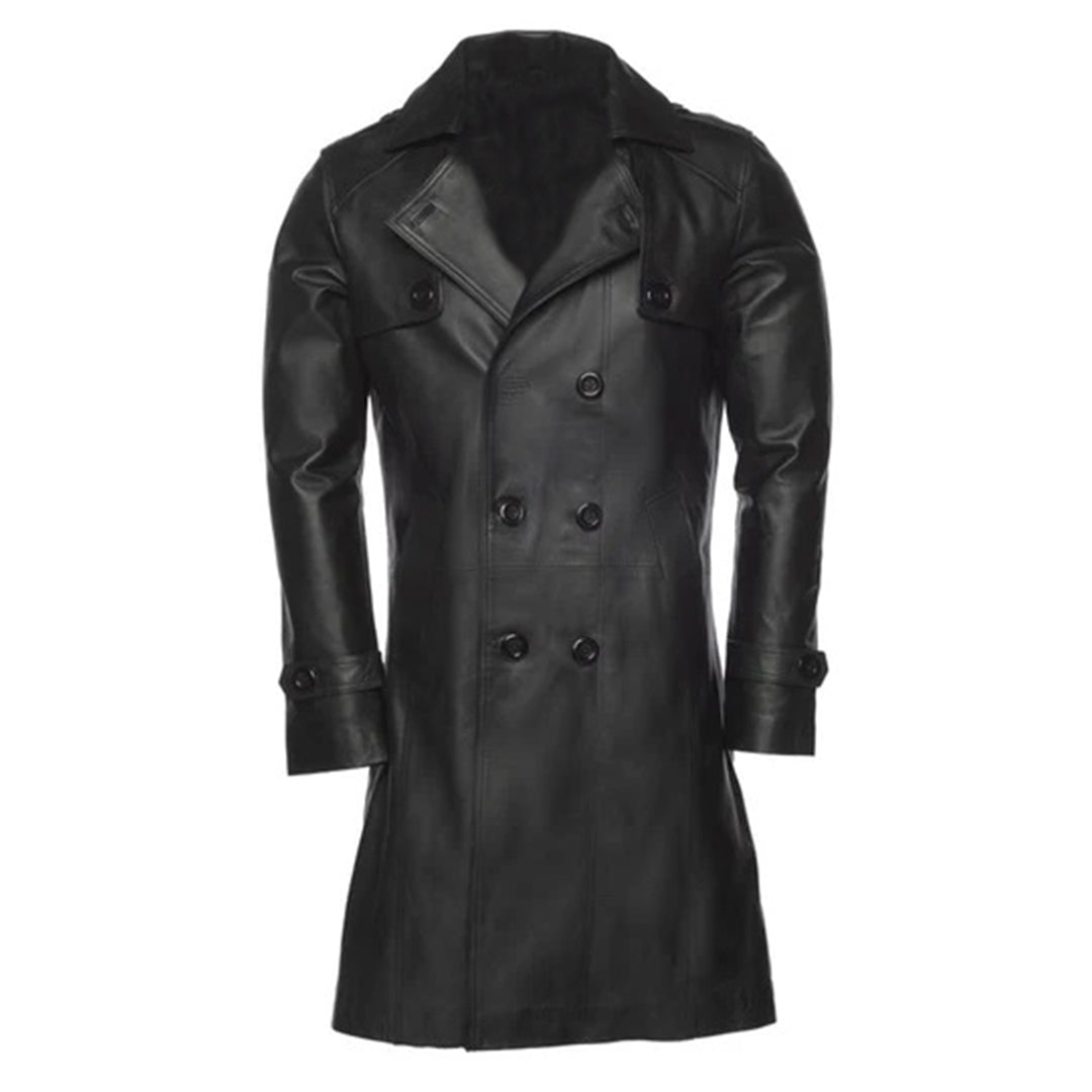Mens Double Breasted Leather Trench Coat | Black