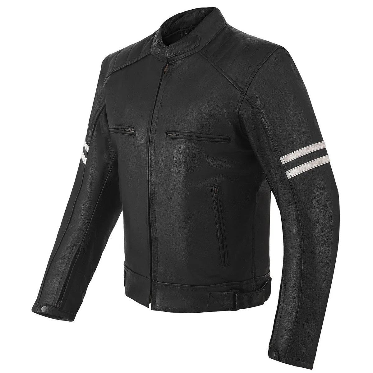 Men's Motor Cycle Leather Jacket with white Stripes Black Shoulders | Black