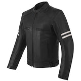 Men's Motor Cycle Leather Jacket with white Stripes Black Shoulders | Black