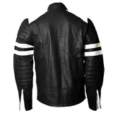 Men's Retro Cafe Racer Leather Jacket, Classic Fit, with White Stripes | Black