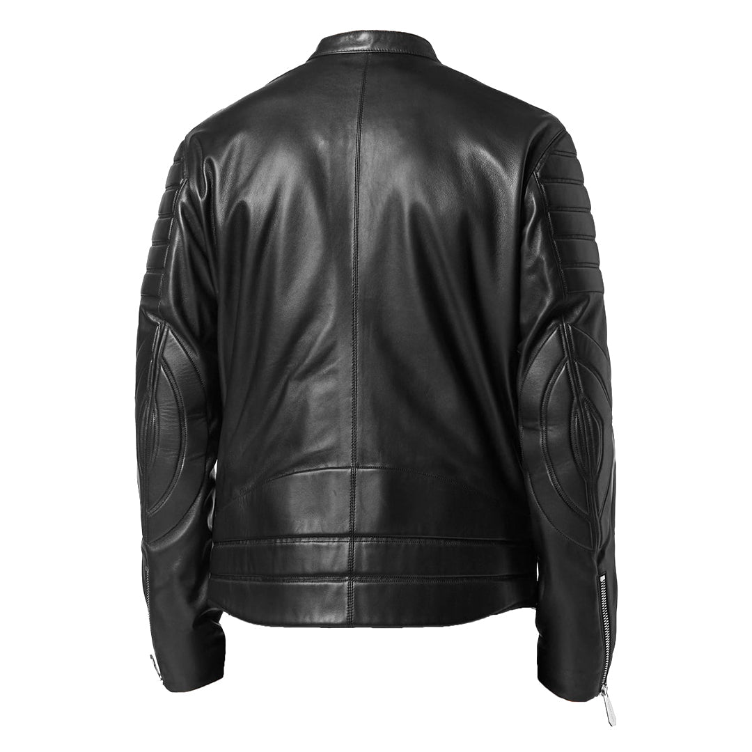Men's Motorcycle Style Leather Jacket Quilted Sleeves Full Zip Front Multiple Pockets | Black
