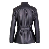 Women's Button Front Leather Jacket with Belt Stand Collar | Black