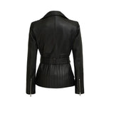 Women's Café Racer Leather Jacket, Belted Waist, Black, Asymmetrical Zip | Black