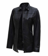 Women's 3/4 Length Button + Zipper Closure Leather Coat | Black