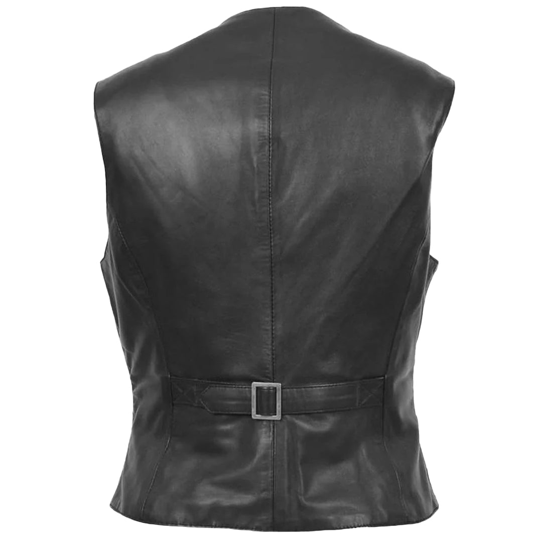 Women's Sheepskin Leather V Neck Vest, 4-Button Closure, Back Adjuster Strap | Black