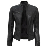 Women's Leather Cafe Racer Biker Jacket with Stand Collar, Padded Shoulders & Sleeves | Black