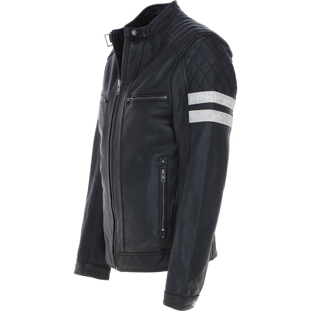 Men's Motorcycle Leather Jacket  Quilted Shoulders, Full Zip | Black & Blue