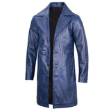 Men's  3/4 Length Trench Leather Coat | Navy Blue