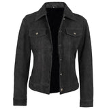 Women's Suede Trucker Leather Jacket | Black