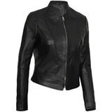 Women's Cafe Racer Motorcycle Leather Jacket, Stand Collar, Front Zipper | Black