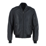 Men's Leather Bomber Jacket, Zip Front, Multiple Pockets | Black