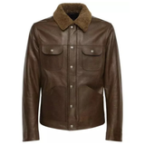 Men's Shiny Leather Jacket with Shearling Collar | Shiny Brown
