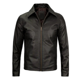 Men's Vintage Harrington Leather Jacket with Shirt Collar | Black