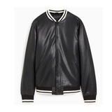 Men's Faux Leather Bomber Varsity Jacket, two side pockets, Black (Also Available in Real Leather) | Black