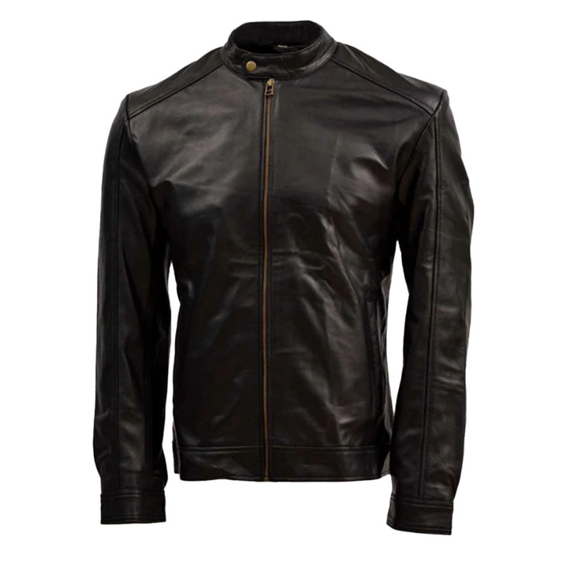 Men's Sheep Leather Moto Jacket with Stand Collar, Zip Closure | Black