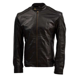 Men's Sheep Leather Moto Jacket with Stand Collar, Zip Closure | Black