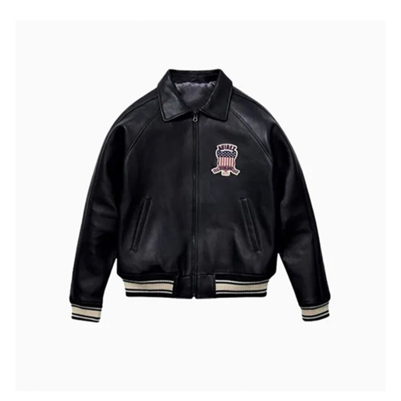 Men's Avirex Real Leather Jacket, Black Flight Bomber, American Varsity Style | Black