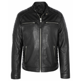 Men's  Leather Jacket with Zippers and Quilted Shoulder | Black