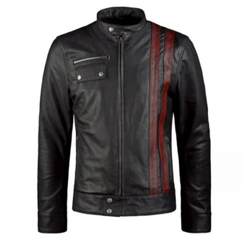 Men's Leather Biker Jacket with Red Stripes, Zip Front | Black