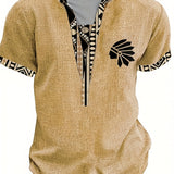 Men's Tribal Leaf V-Neck Henley Shirt - Short Sleeve Casual Summer Top