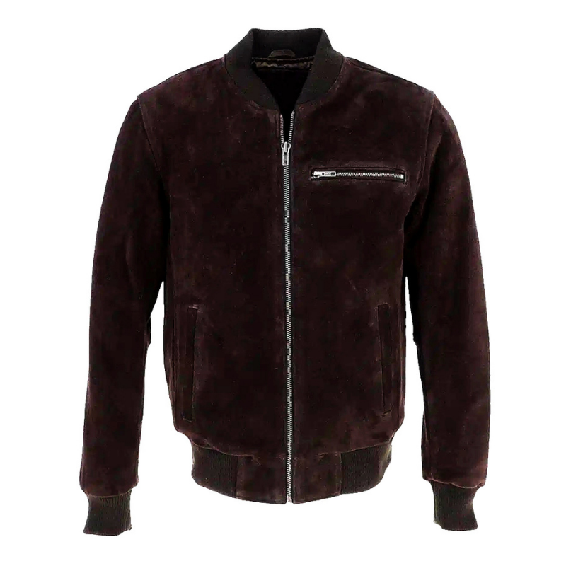 Men's Suede Bomber Jacket  Leather, Full Zip Front with Chest Pocket | Brown