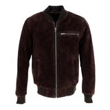 Men's Suede Bomber Jacket  Leather, Full Zip Front with Chest Pocket | Brown