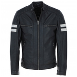 Men's Motorcycle Leather Jacket  Quilted Shoulders, Full Zip | Black & Blue
