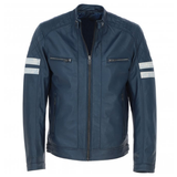 Men's Leather Motorcycle Jacket with Quilted Shoulder & White Stripes | Blue & Black