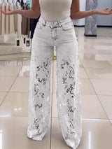 Women's Y2K High Waist Lace Hollow Out Wide Leg Jeans Floral Straight Leg Denim Trousers