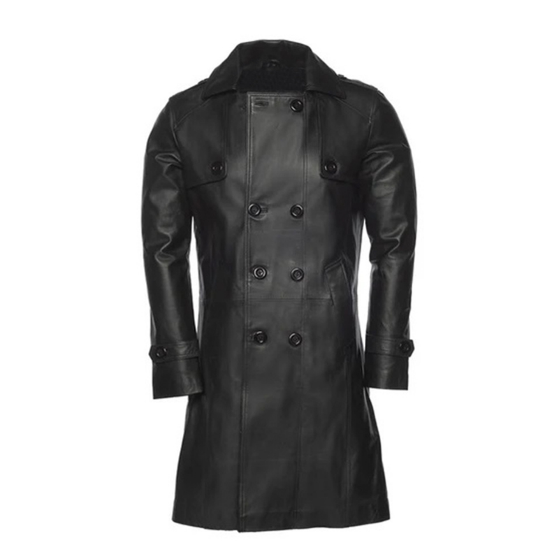 Mens Double Breasted Leather Trench Coat | Black
