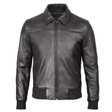 Men's Bomber Leather Jacket  Ribbed Collar & Cuff | Black