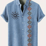 Men's Lightweight Short-Sleeve Linen-Look Shirt with Tribal Geometric Pattern