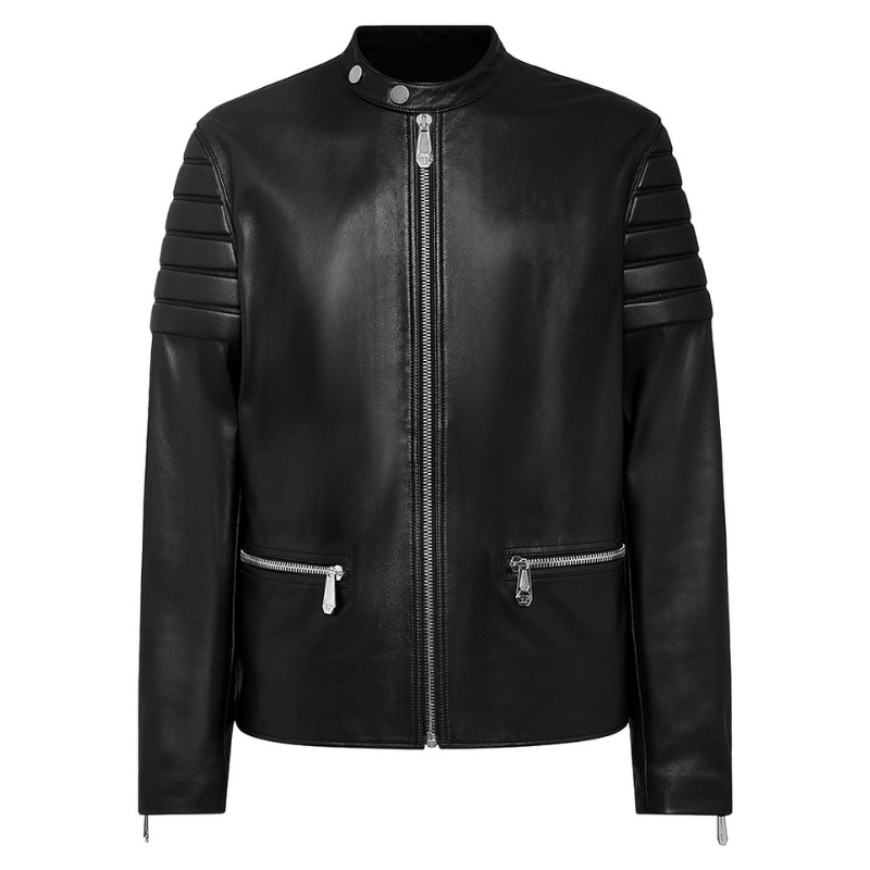 Men's Motorcycle Style Leather Jacket Quilted Sleeves Full Zip Front Multiple Pockets | Black