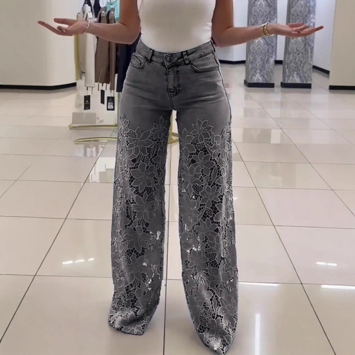 Women's Y2K High Waist Lace Hollow Out Wide Leg Jeans Floral Straight Leg Denim Trousers