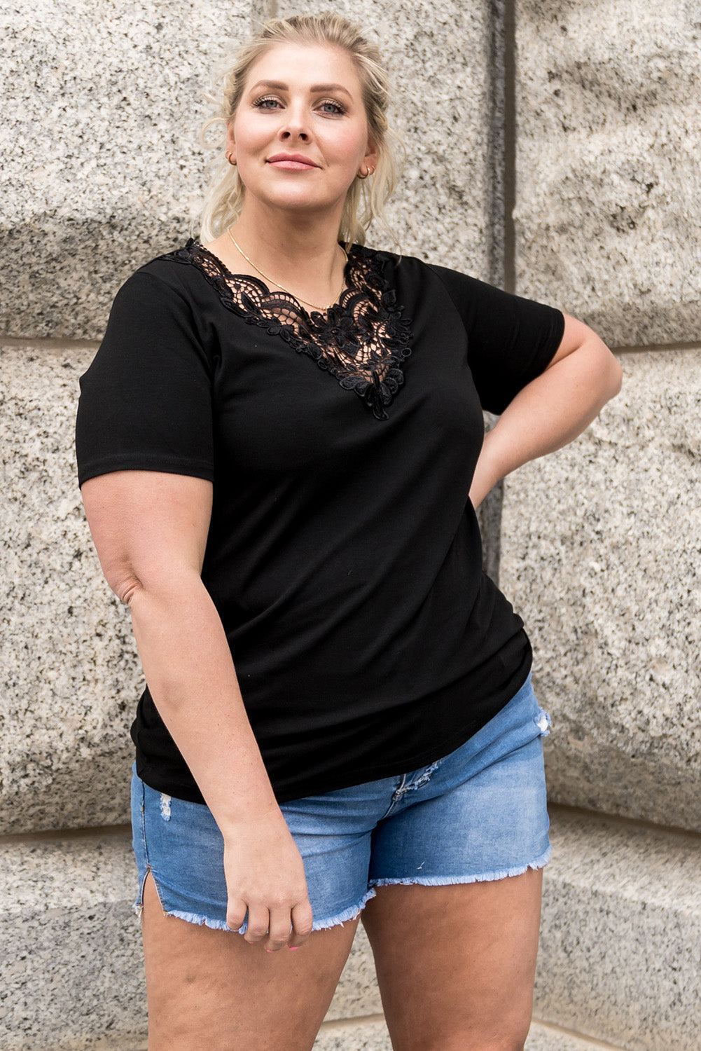 Black Plus Size Crochet Stitching Short Sleeve Top
