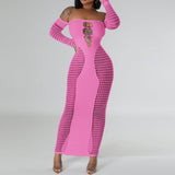Solid Color Off-neck Sleeve Hollow Sexy Slim Fit One-piece Knitted Sheath Dress