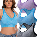 3pcs Plus Size Sports Bras Low Support, Polyamide Blend, Hollow Mesh Design - Casual Wear for Women's Activewear