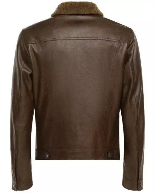 Men's Shiny Leather Jacket with Shearling Collar | Shiny Brown